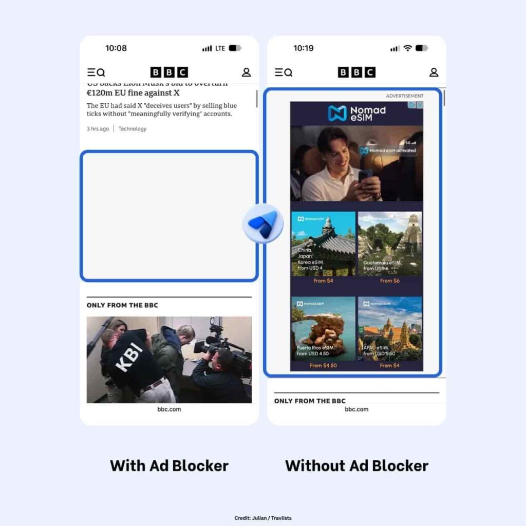 Saily ad blocker comparison on the BBC website, showing a blank ad space with the ad blocker on and a labeled advertisement without the ad blocker