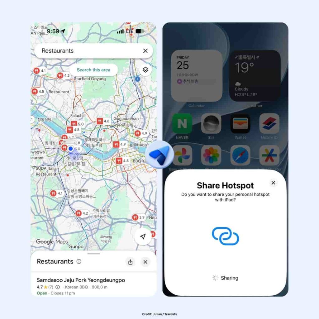 Google Maps restaurant search in Seoul working on a Saily eSIM over LTE, and an iPhone sharing its personal hotspot with an iPad