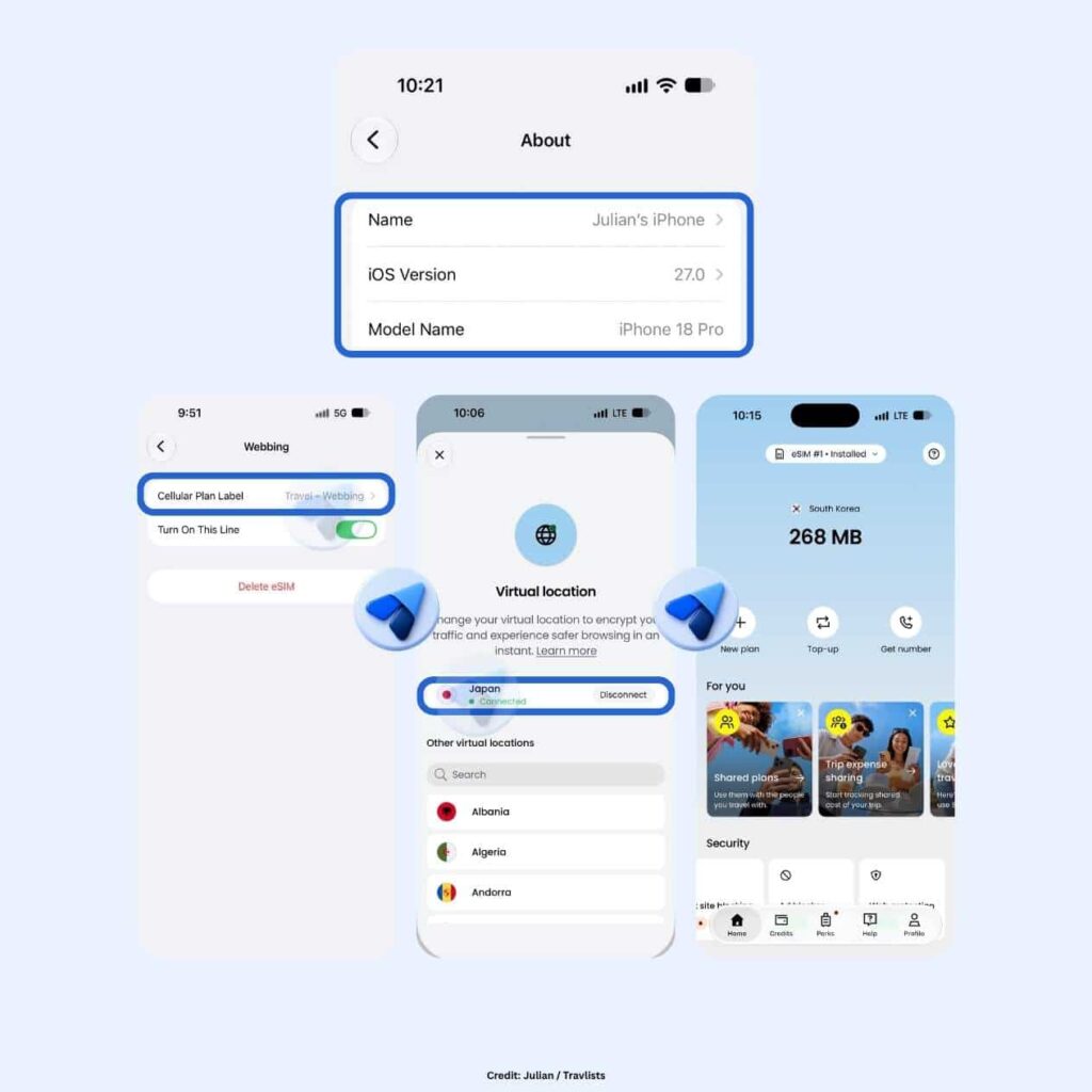 Saily eSIM review test on iPhone 18 Pro with iOS 27.0, showing the Travel – Webbing cellular plan label, Virtual Location connected to Japan, and the Saily app home screen with 268MB of South Korea data left