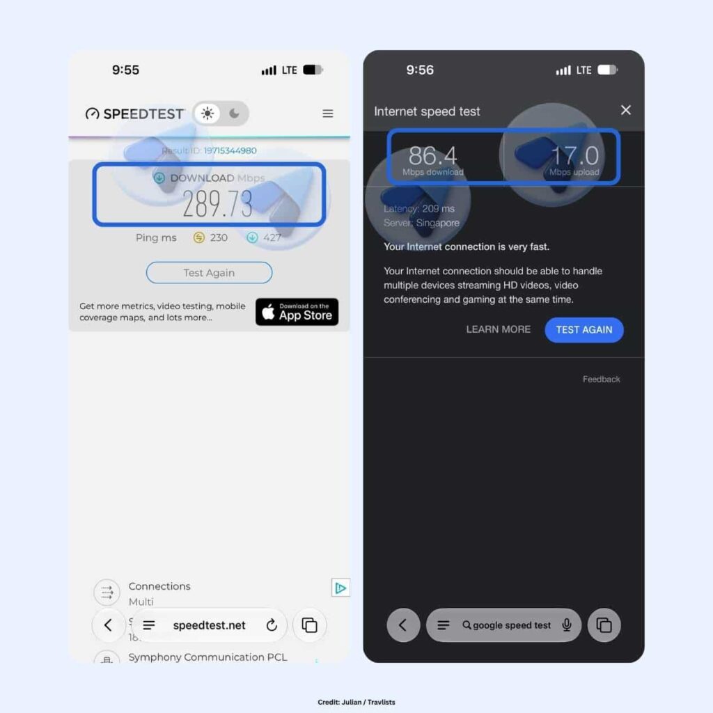 Saily eSIM speed test results in Seoul, with Ookla showing 289.73 Mbps download and 230 ms ping, and Google Internet Speed Test showing 86.4 Mbps download, 17.0 Mbps upload, and 209 ms latency on a Singapore server